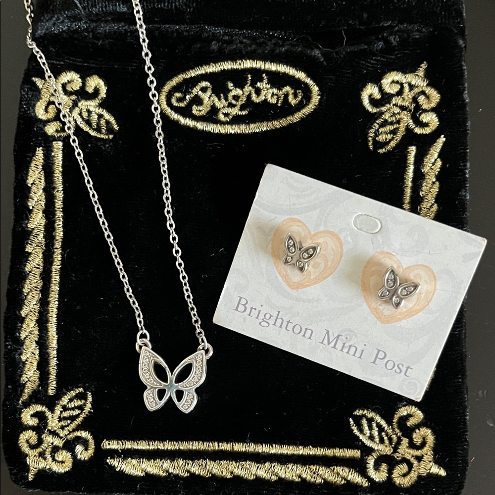 Brighton Silver and Pave Butterfly Necklace and Earring Set with Velvet Pouch
